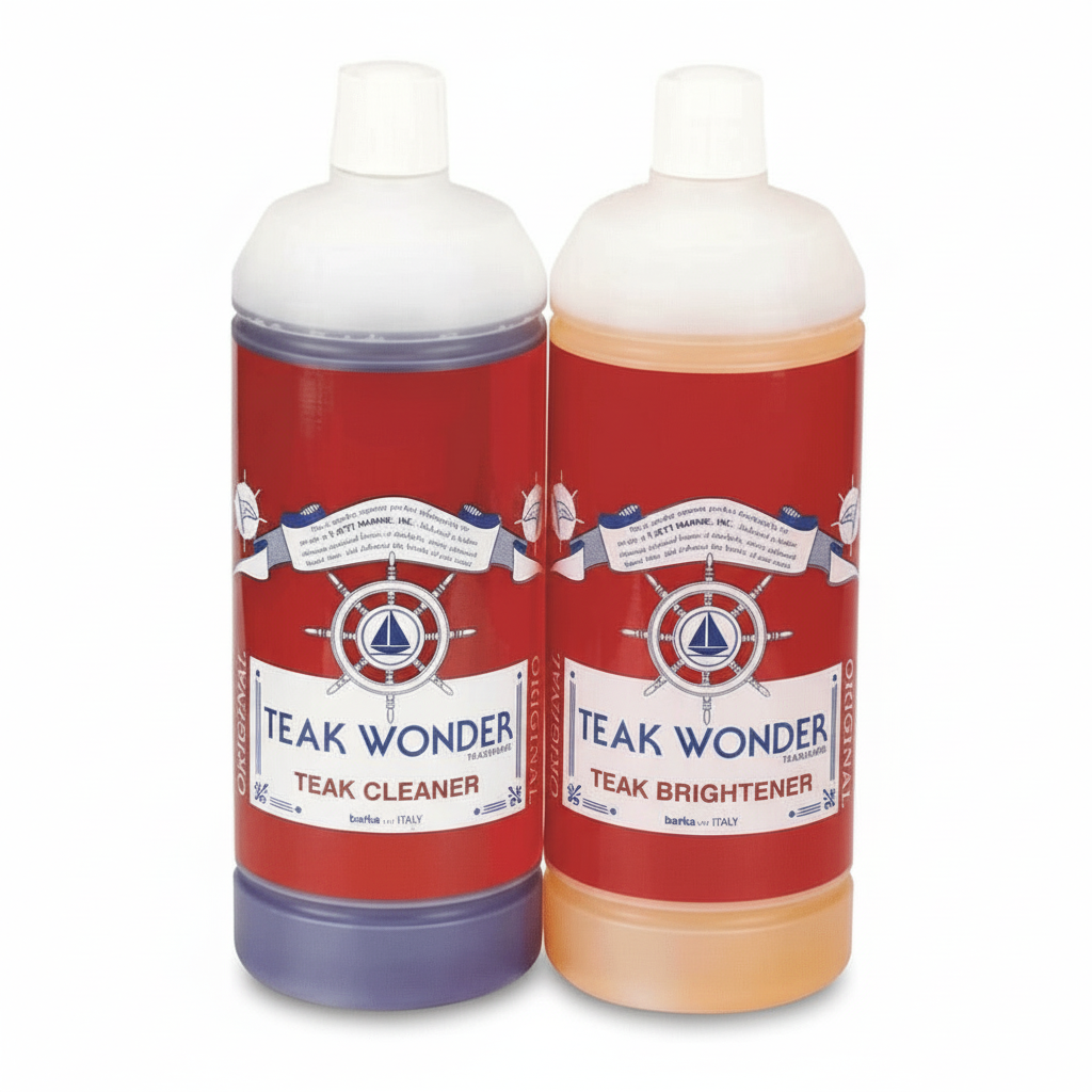 TEAK WONDER Combo Pack, composto da Pulitore (Cleaner) e Sbiancante (Brightener) per ripristinare il colore dorato originale del teak della coperta.