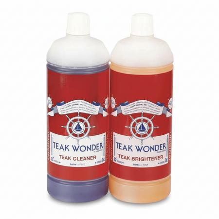TEAK WONDER Combo Pack, composto da Pulitore (Cleaner) e Sbiancante (Brightener) per ripristinare il colore dorato originale del teak della coperta.