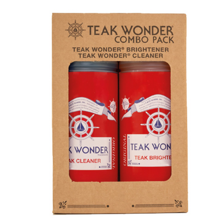 TEAK WONDER Combo Pack, composto da Pulitore (Cleaner) e Sbiancante (Brightener) per ripristinare il colore dorato originale del teak della coperta. confezione