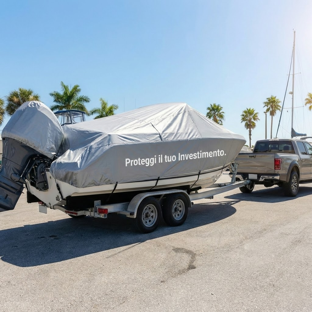 Telo copribarca grigio per trasporto su rimorchio con scritta Proteggi il tuo Investimento