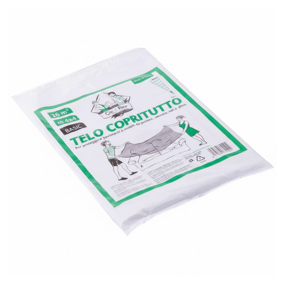 Telo copritutto trasparente in polietilene bassa densità disponibile in misure 4x4 e 6x4 metri.