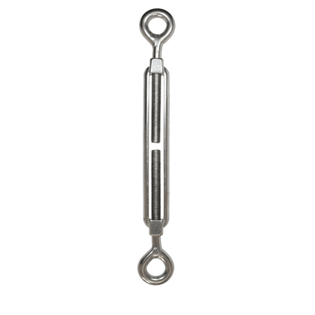 Tenditore professionale a due occhi in acciaio inox AISI 316 per la regolazione della tensione di sartie, draglie e cavi nautici.