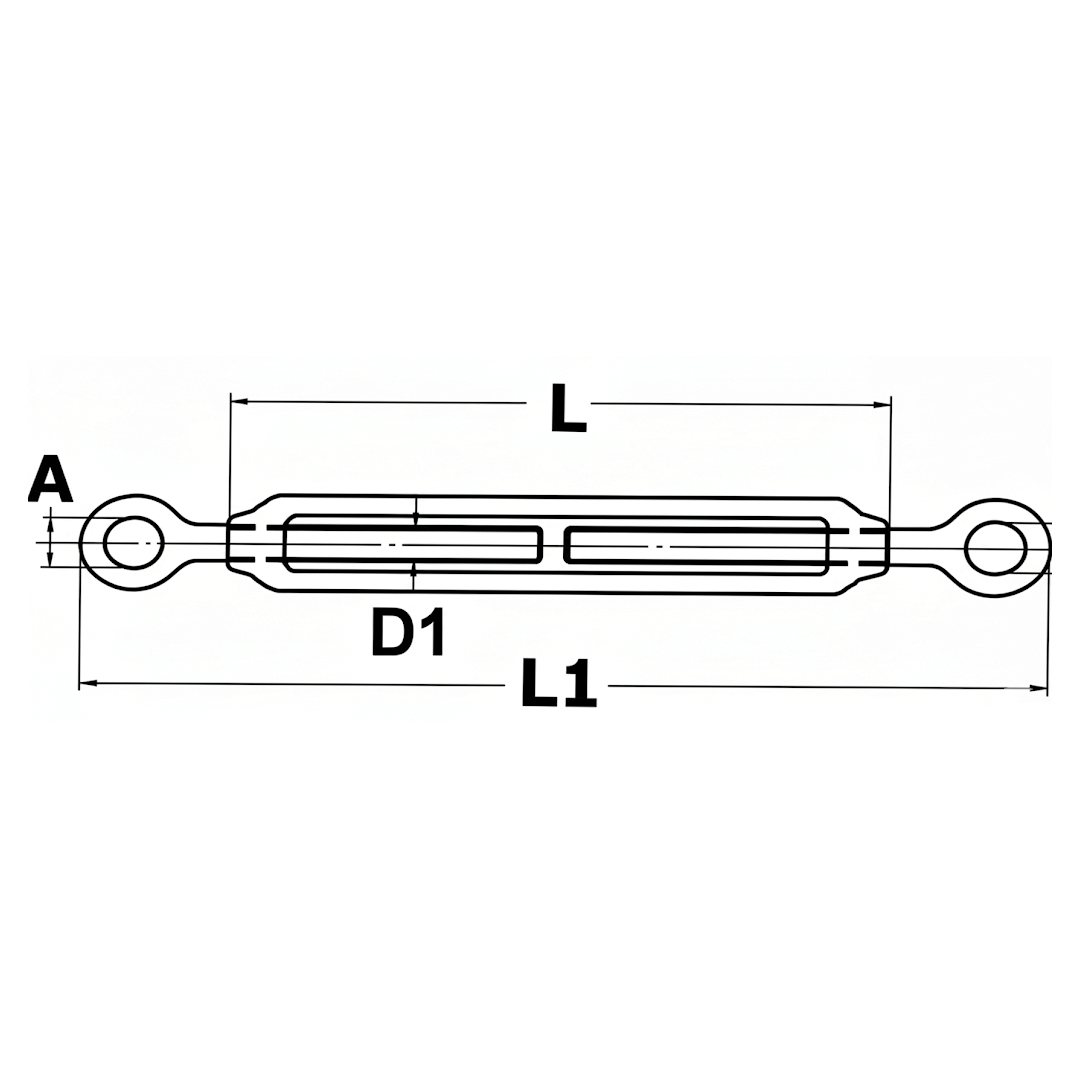 Scheda tecnica tenditore a due occhi in acciaio inox con dimensioni L, L1, D1 e A | Onautica