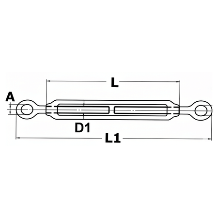Scheda tecnica tenditore a due occhi in acciaio inox con dimensioni L, L1, D1 e A | Onautica