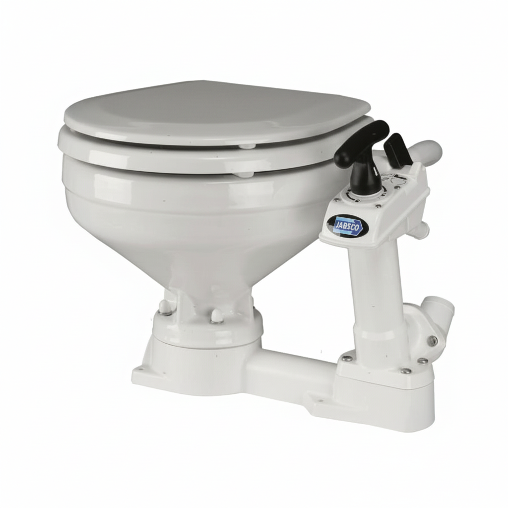 Toilette nautica manuale Jabsco modello Compact con sistema di sicurezza Twist 'n' Lock e tazza in ceramica bianca.