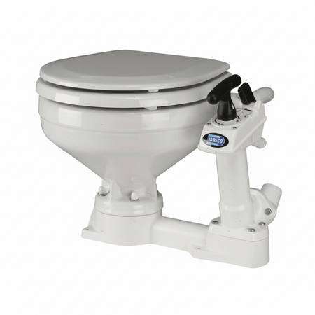 Toilette nautica manuale Jabsco modello Compact con sistema di sicurezza Twist 'n' Lock e tazza in ceramica bianca.