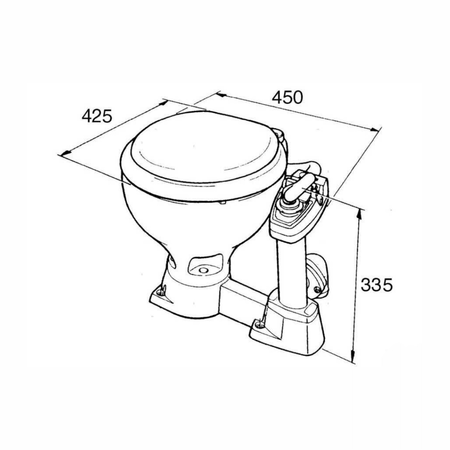 Toilette nautica manuale Jabsco modello Compact con sistema di sicurezza Twist 'n' Lock e tazza in ceramica bianca. misure