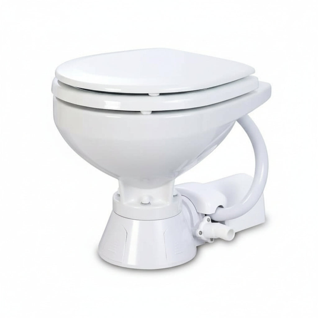 Toilette marina elettrica Jabsco Serie 37010 a 12V, modello Compact in ceramica bianca con maceratore integrato.