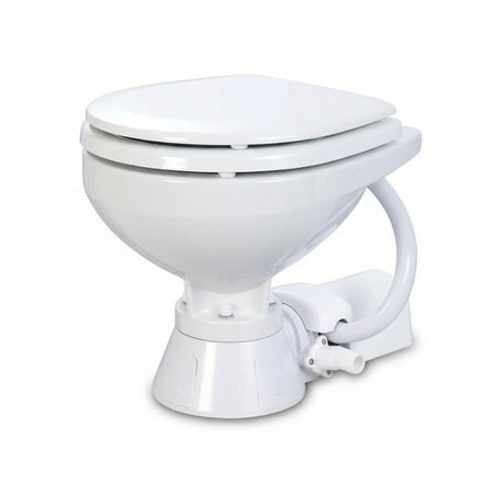 Toilette marina elettrica Jabsco Serie 37010 a 12V, modello Compact in ceramica bianca con maceratore integrato.