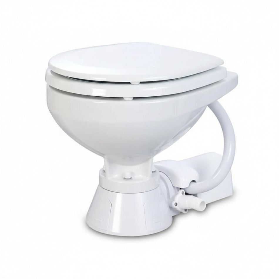 Toilette marina elettrica Jabsco Serie 37010 a 12V, modello Compact in ceramica bianca con maceratore integrato.