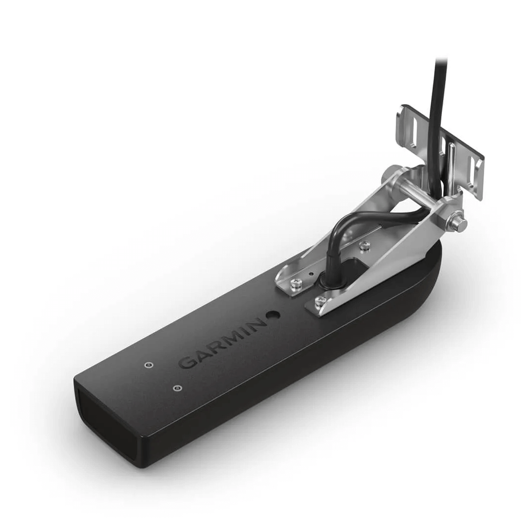 Trasduttore Garmin GT23M-TM oGT51M-TM da poppa con tecnologia CHIRP tradizionale a banda media e CHIRP ClearVü, ideale per la pesca in acque profonde e costiere.