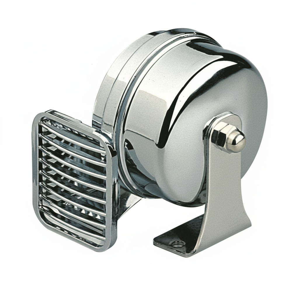 Tromba nautica singola a membrana con corpo in ABS cromato e staffa in acciaio inox.