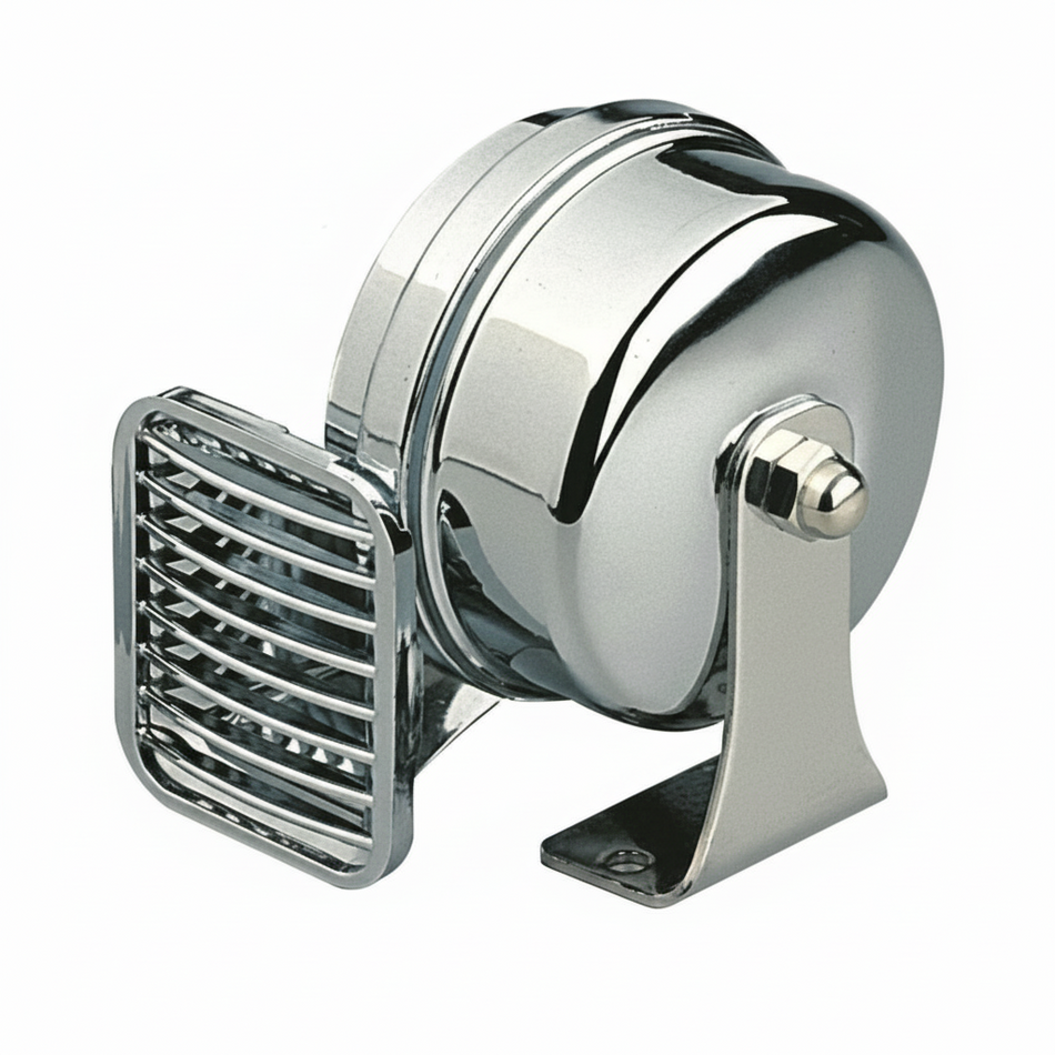 Tromba nautica singola a membrana con corpo in ABS cromato e staffa in acciaio inox.