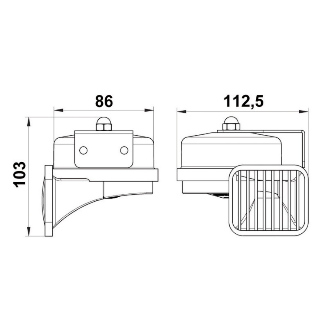 Tromba nautica singola a membrana con corpo in ABS cromato e staffa in acciaio inox.