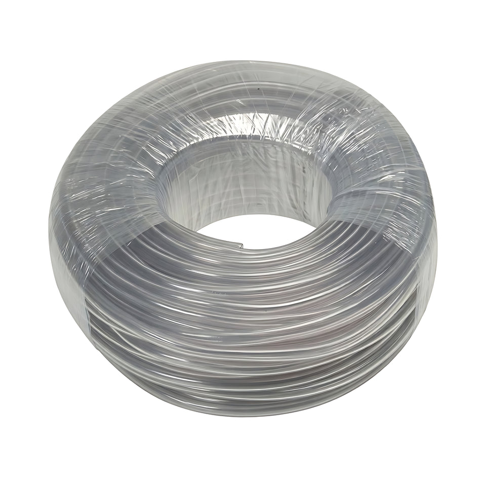 Rotolo di tubo antigelo neutro trasparente in PVC per irrigazione e travaso, con marcatura metrica progressiva.