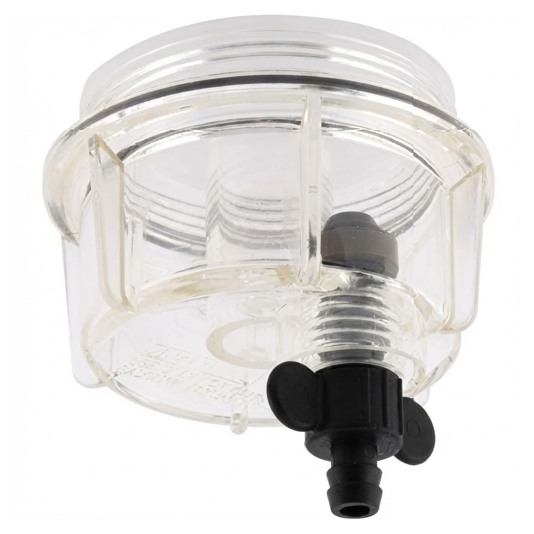 Vaschetta in plastica trasparente per filtro decantatore nautico, dotata di vite di spurgo inferiore per eliminare l'acqua.