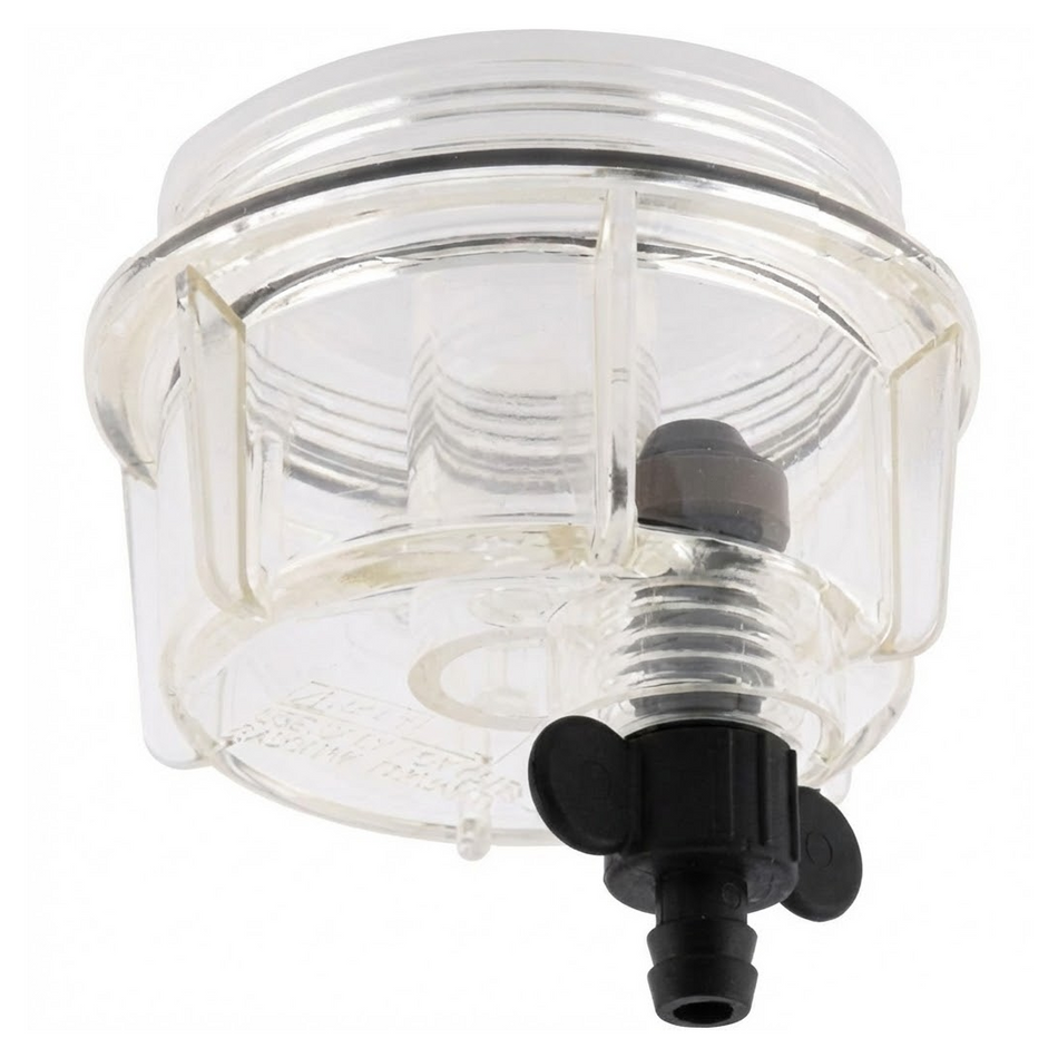 Vaschetta in plastica trasparente per filtro decantatore nautico, dotata di vite di spurgo inferiore per eliminare l'acqua.