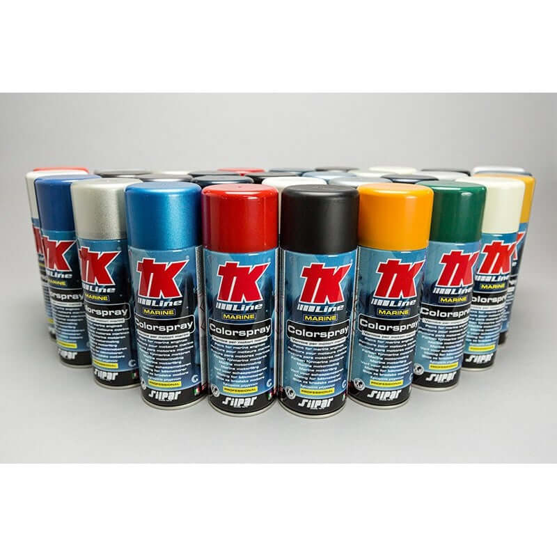 Bomboletta di vernice spray marina TK colori originali Blue, Blue Metal e Pure White per motori Selva.