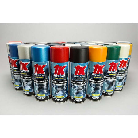 Bomboletta di vernice spray marina TK colori originali Blue, Blue Metal e Pure White per motori Selva.