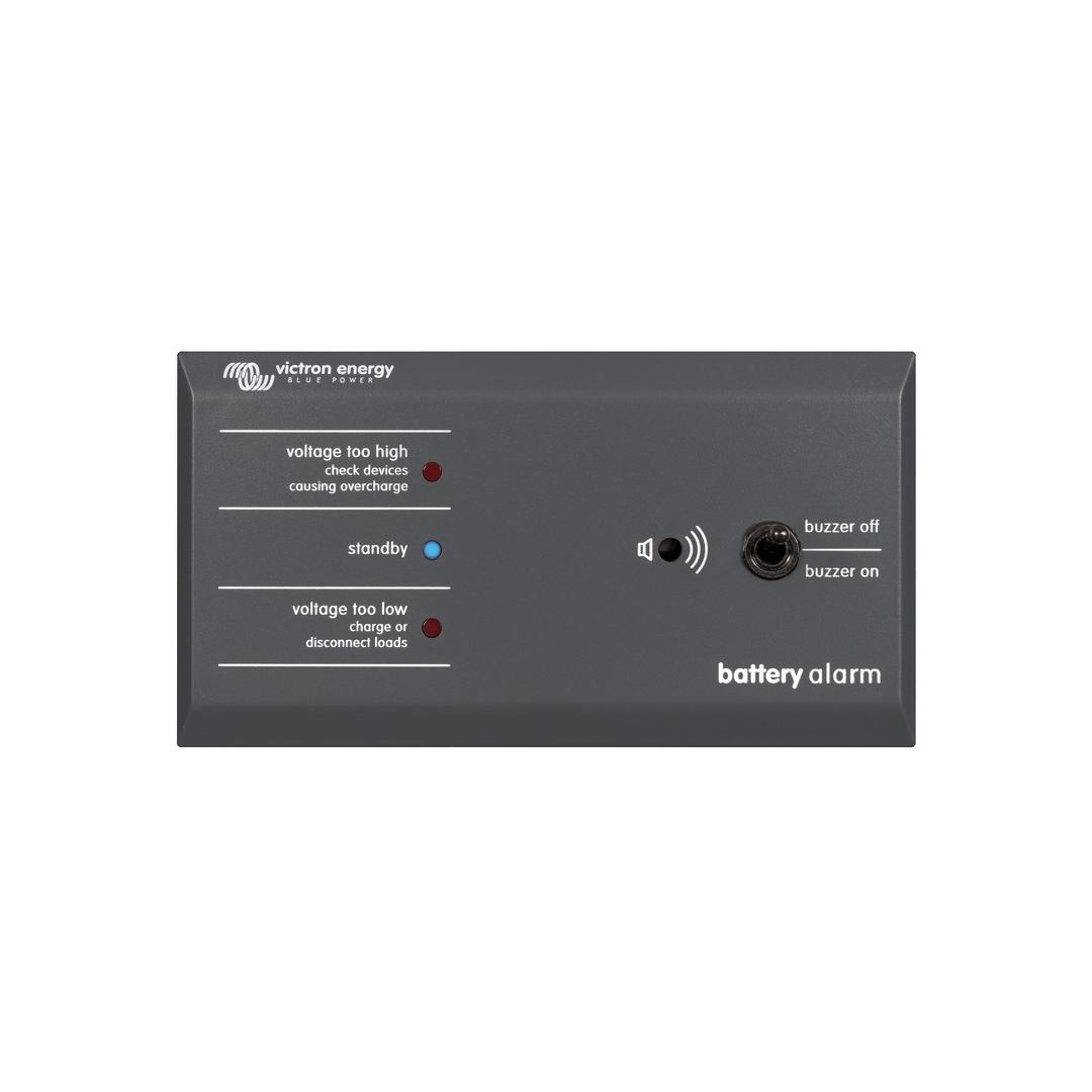 Pannello di controllo Victron Battery Alarm GX con allarme sonoro e visivo per il monitoraggio della tensione batteria.