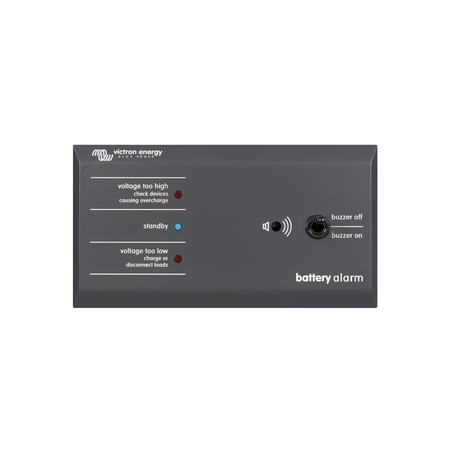 Pannello di controllo Victron Battery Alarm GX con allarme sonoro e visivo per il monitoraggio della tensione batteria.