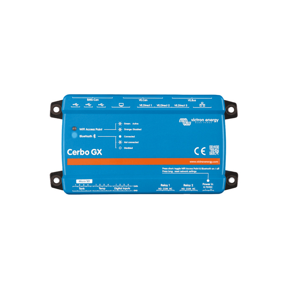 Centro di comunicazione Victron Cerbo GX MK2 per il monitoraggio e controllo remoto di sistemi energetici di bordo.