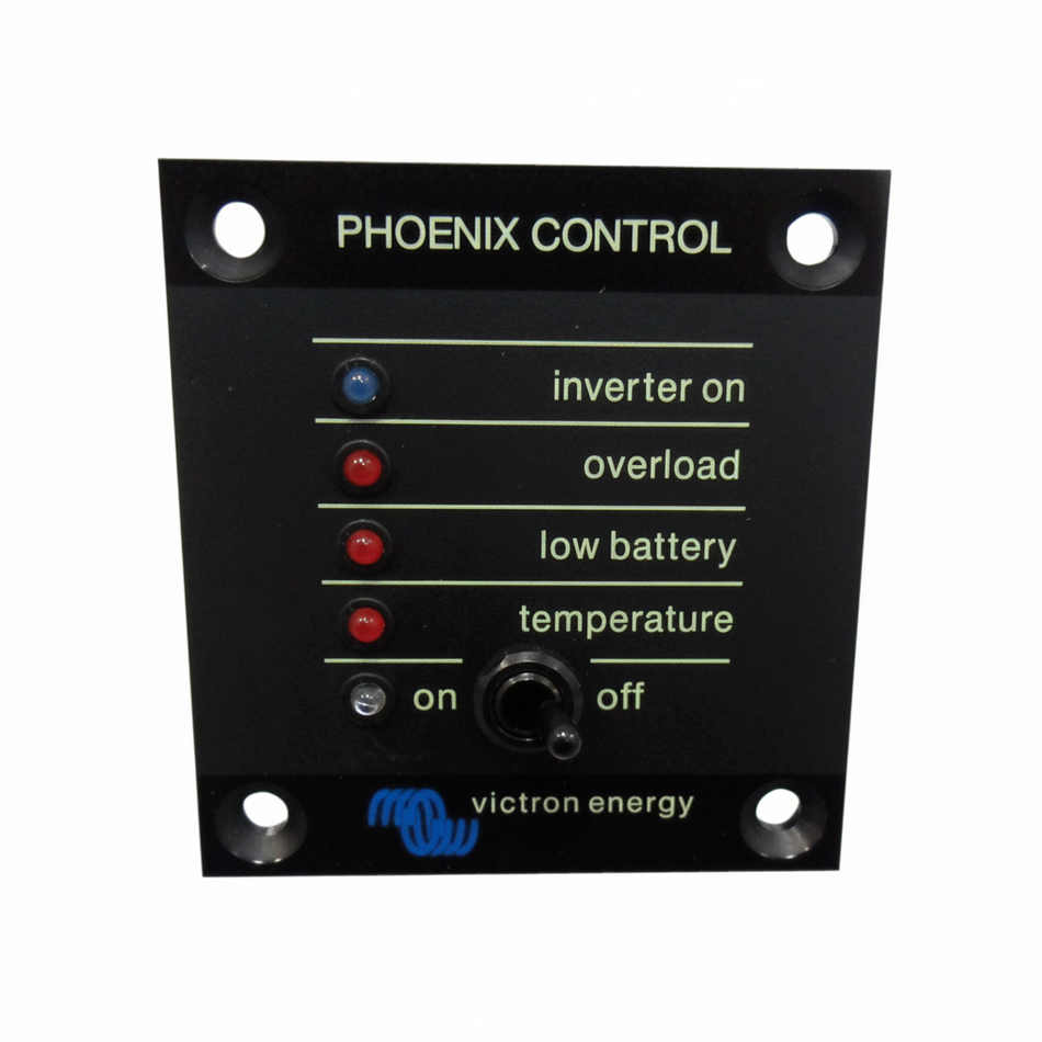 Pannello di controllo remoto Victron Energy per la gestione a distanza degli inverter serie Phoenix con interruttore e indicatori LED.