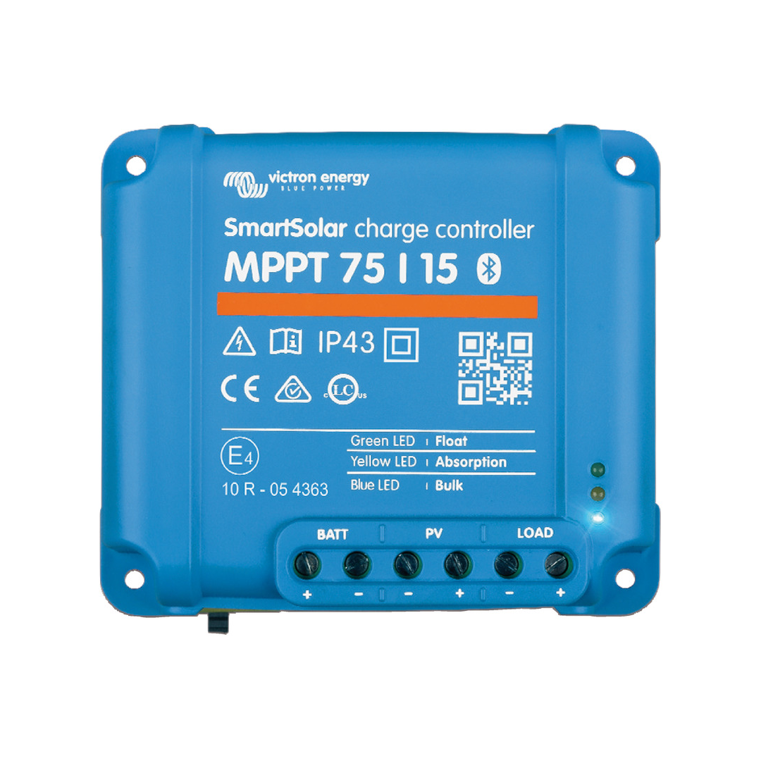 Regolatore di carica solare Victron SmartSolar MPPT con Bluetooth integrato, disponibile in varie potenze per impianti a 12V e 24V.