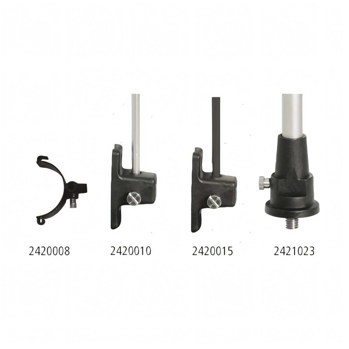 Accessori segnavento Windex: supporti e morsetti neri in metallo con codici 2420008, 2420010, 2420015, 2421023 | Onautica