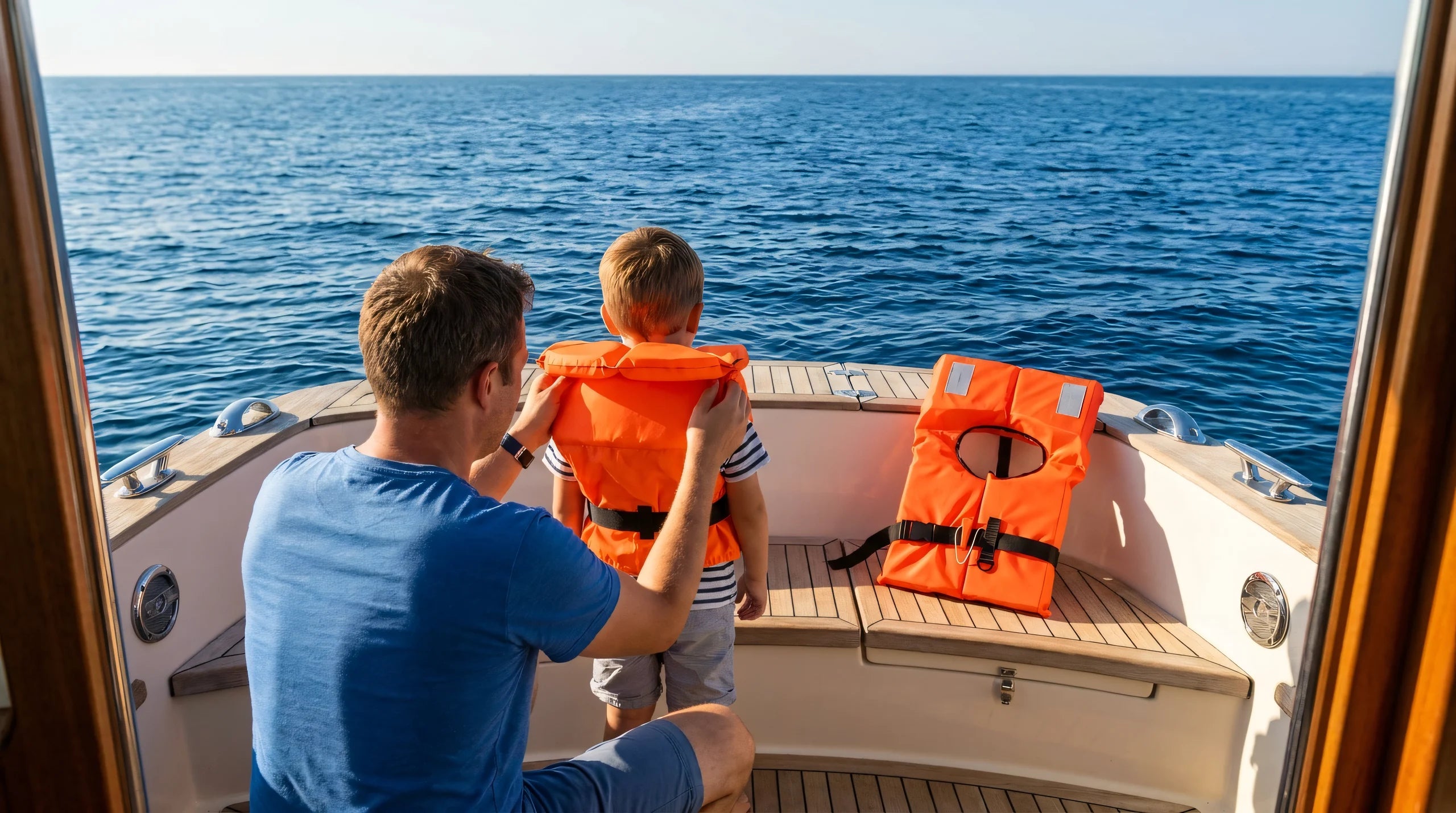Adulto sistema il giubbotto salvagente a un bambino a bordo