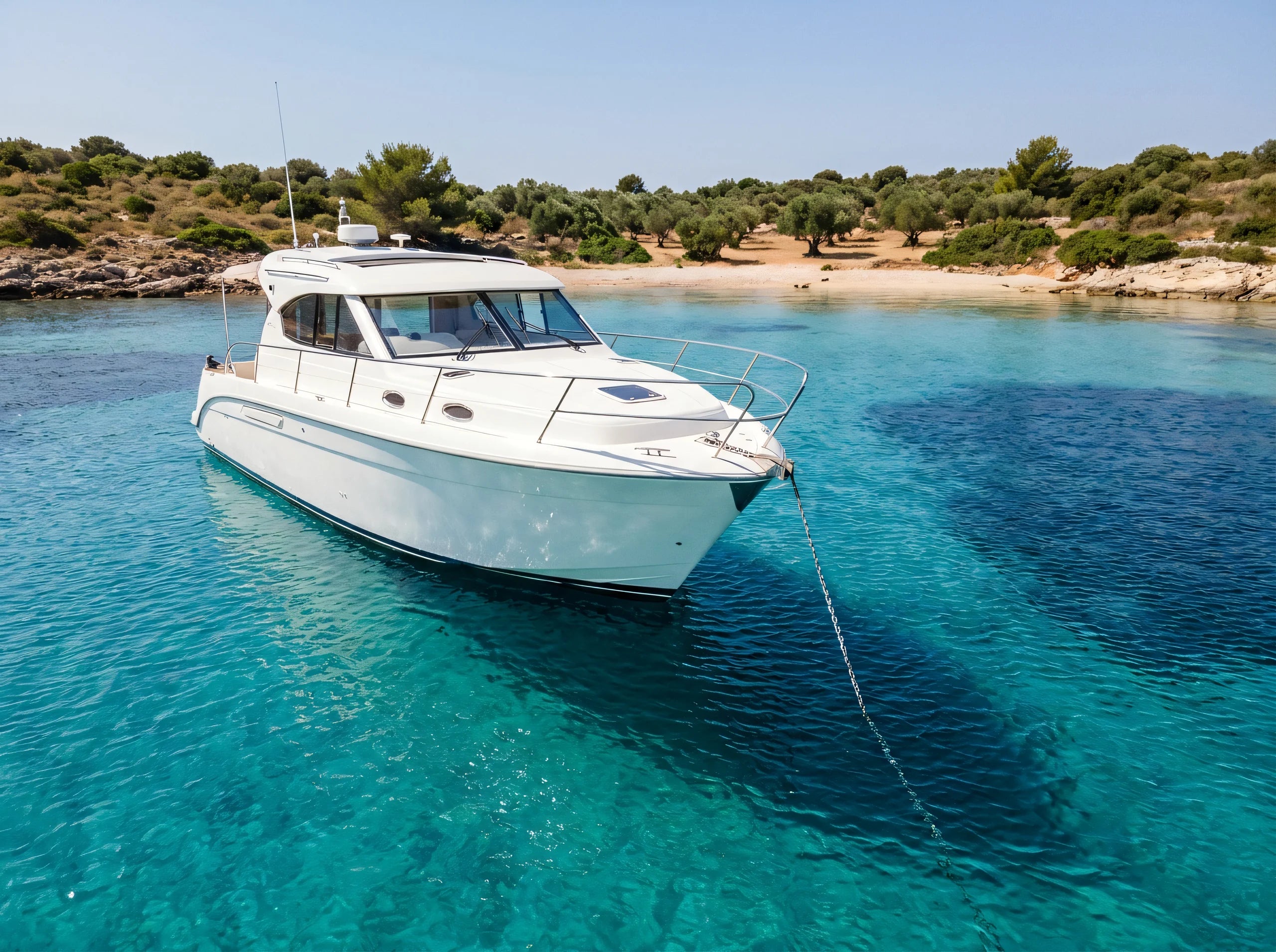 Barca a motore all'ancora in una baia con acqua trasparente