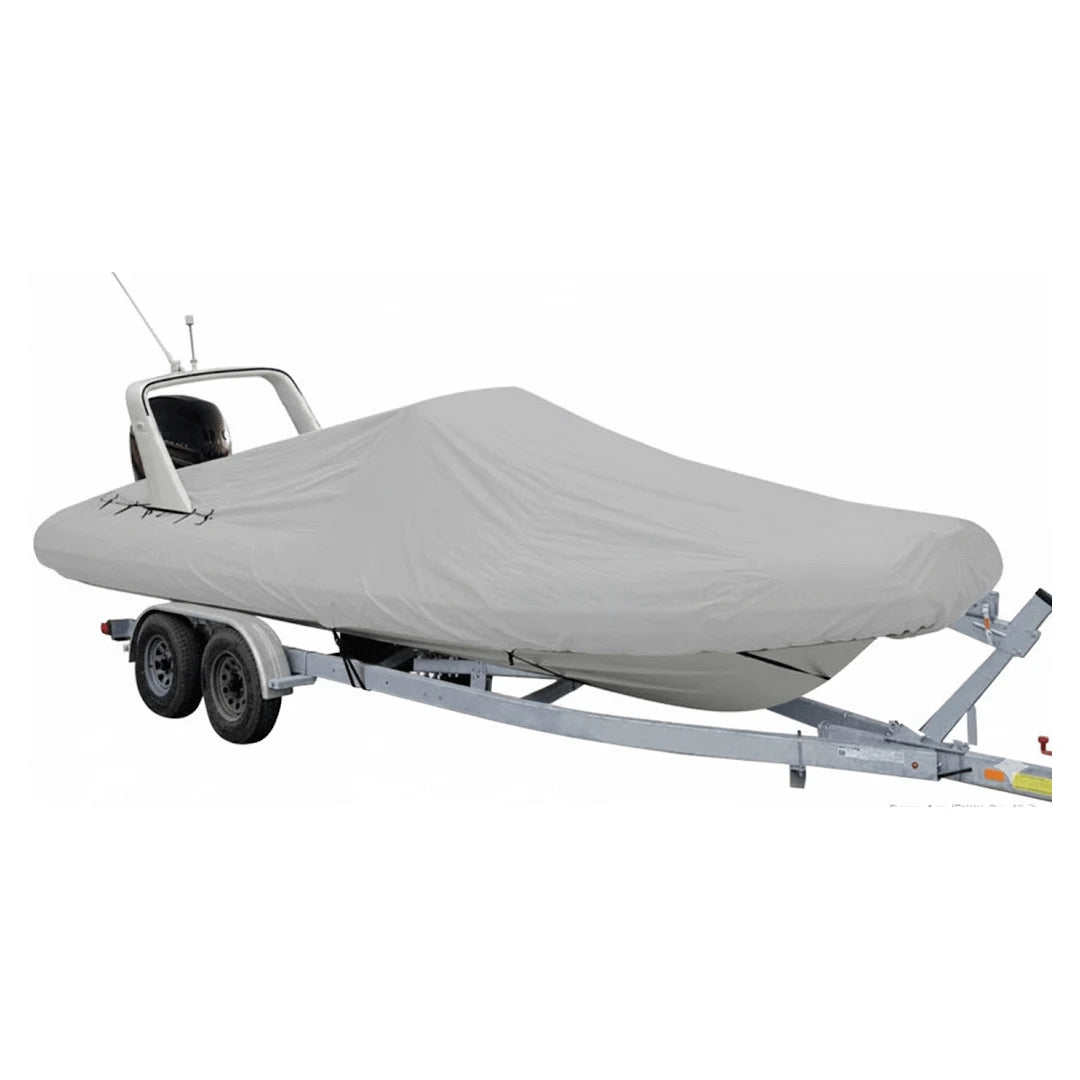 Gommone su carrello coperto con telo copribarca invernale grigio